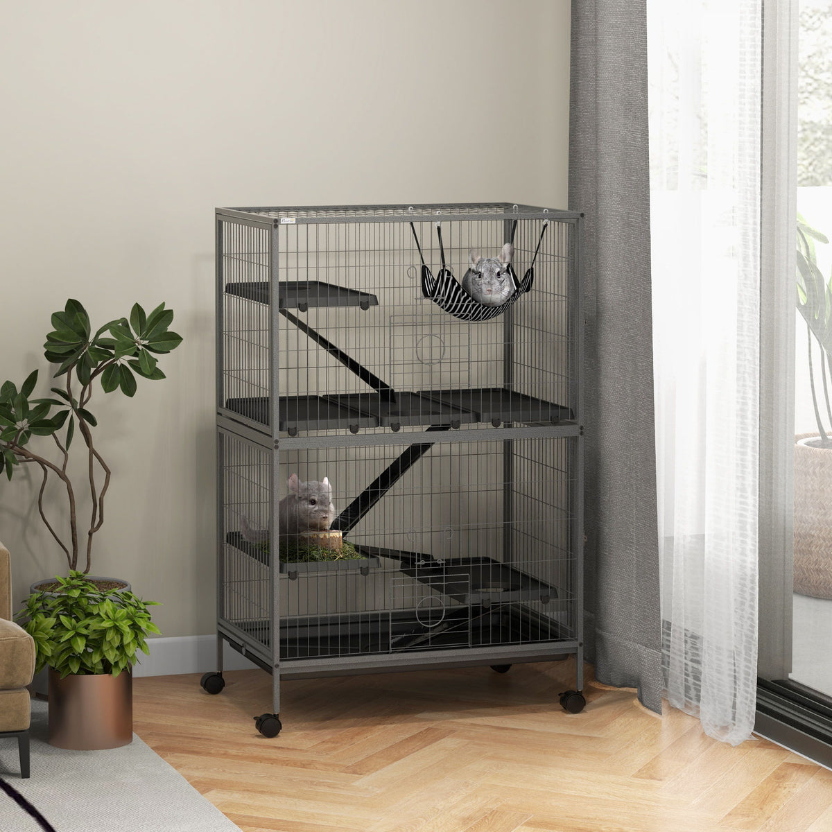 5-Tier Rolling Small Animal Cage, Deluxe Guinea Pig Cage, Ferret Cage for Mink Chinchilla Kitten Rabbit Grey
