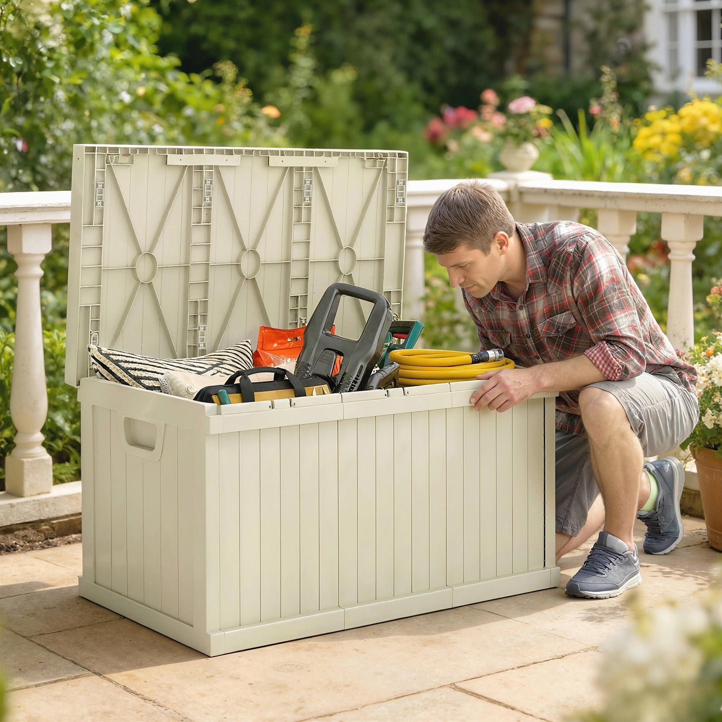 70 Gallon Deck Box, Resin Outdoor Storage Box with Handles, Waterproof Storage Container for Garden Tools, Sand