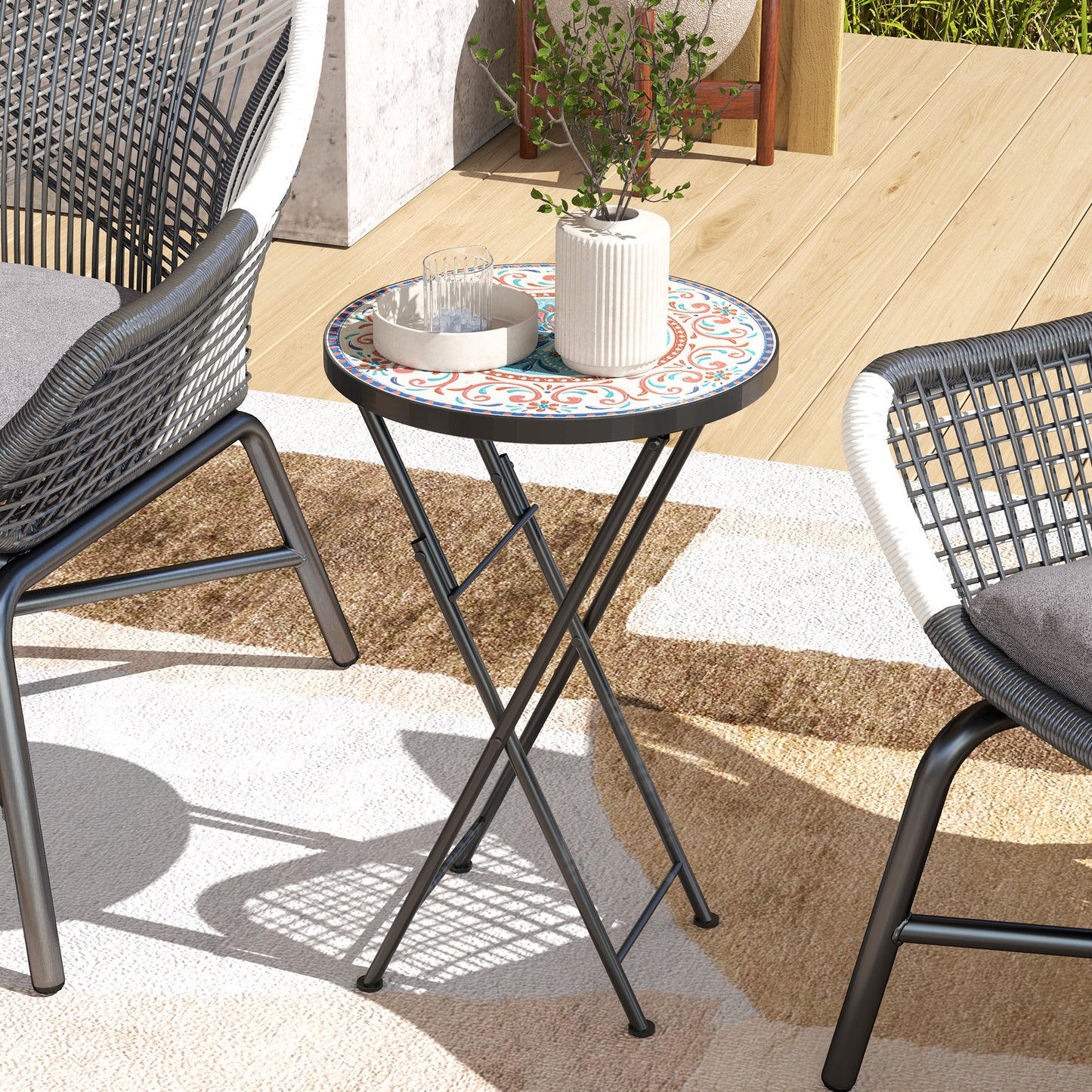 Mosaic Outdoor Patio Side Table, 14" Round Folding Outdoor Coffee Table with Steel Frame for Balcony Deck Patio Terrace, Mixed Colour