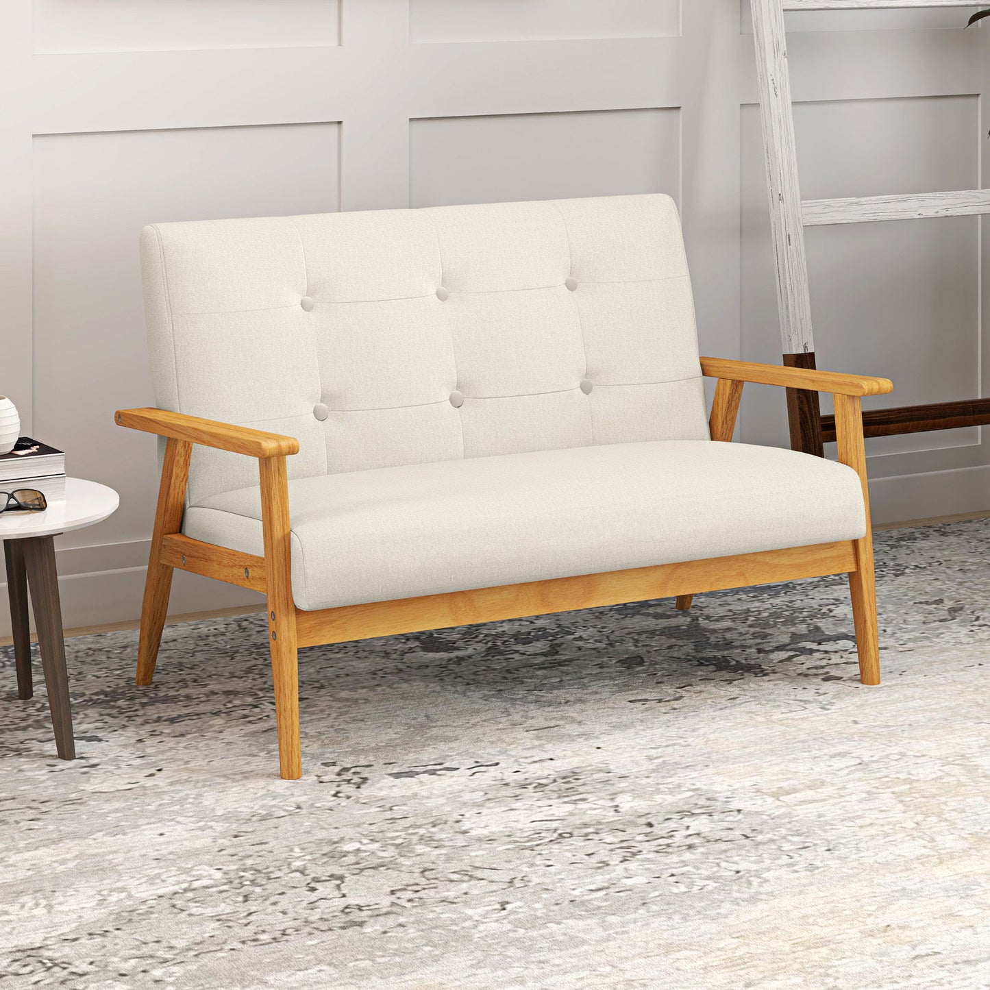 45" 2 Seat Sofa, Upholstered Two Seater Couch with Rubber Wood Legs for Bedroom, Living Room, Beige