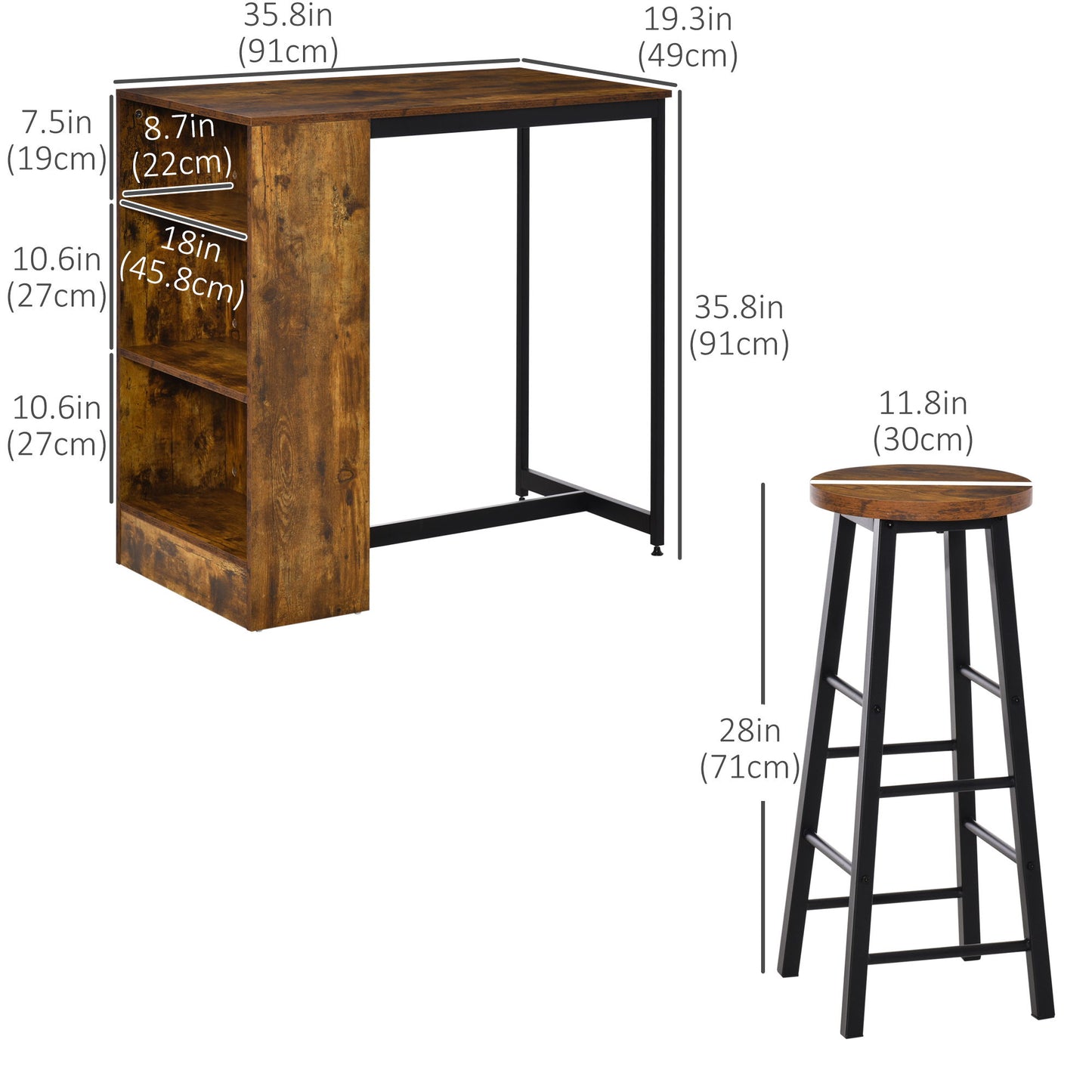 3 Piece Industrial Dining Table Set, Counter Height Bar Table & Stools Set with Storage Shelf, Rustic Brown/Black