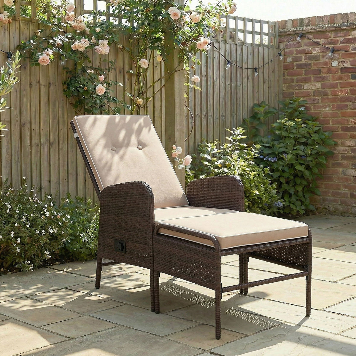 2 Pieces Patio Reclining Chair Set with Stool, Cushions, Outdoor Wicker Conversation Armchair Set, Brown