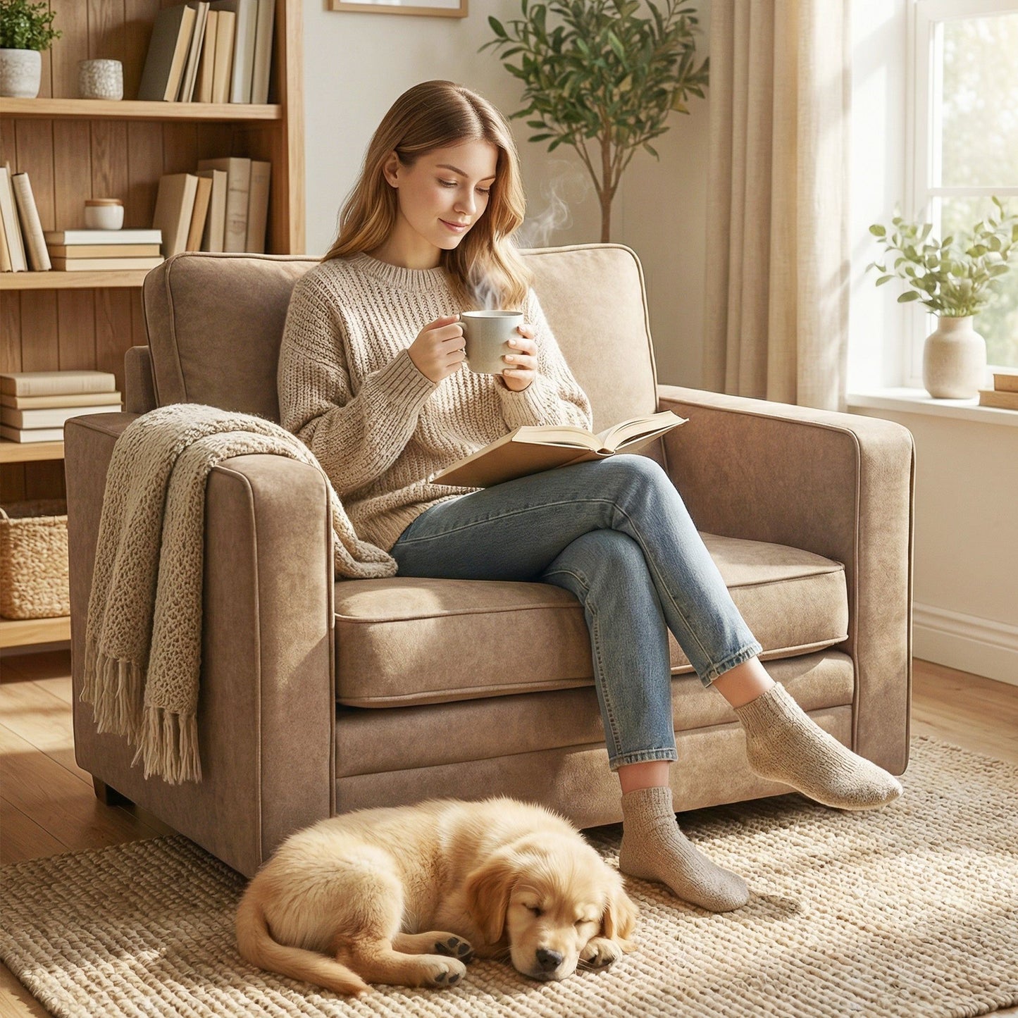 Velvet-Feel Accent Chair with Spring Cushion - Brown