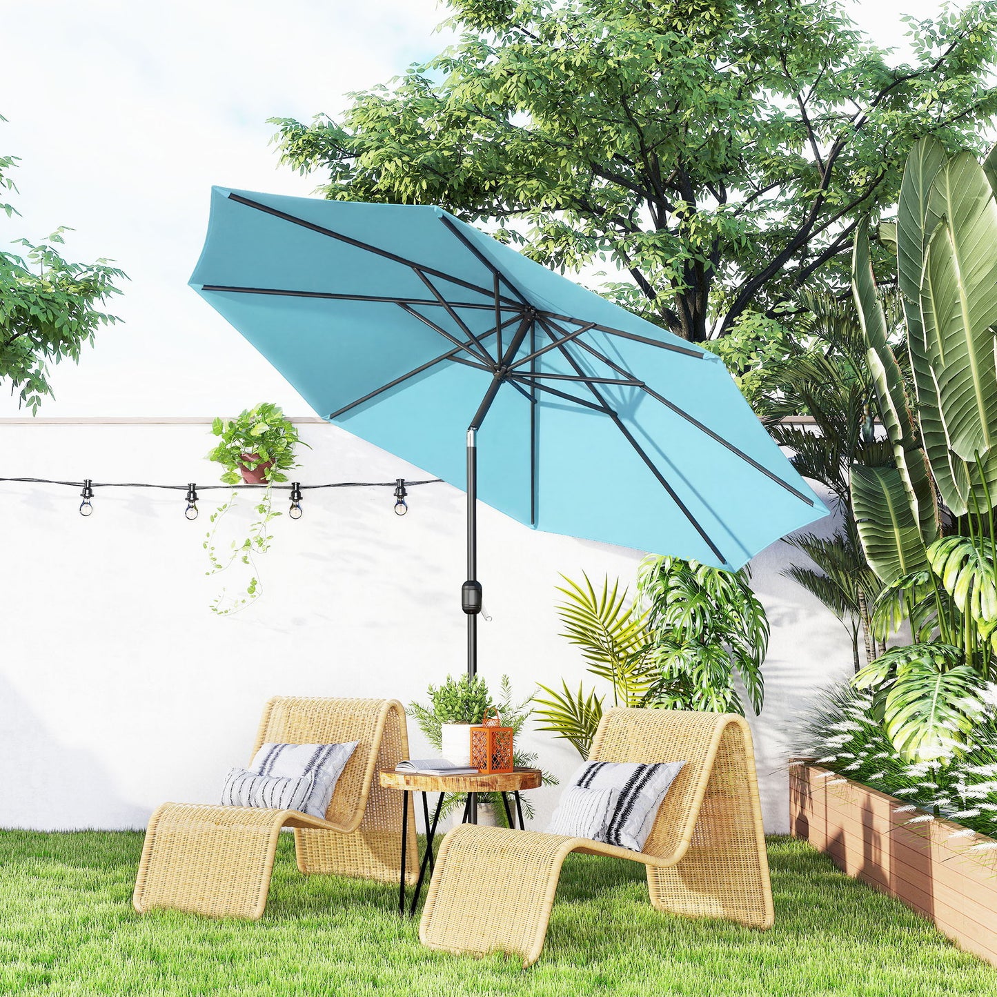 10' x 8' Round Market Umbrella, Patio Umbrella with Crank Handle and Tilt, Outdoor Parasol for Garden, Sky Blue