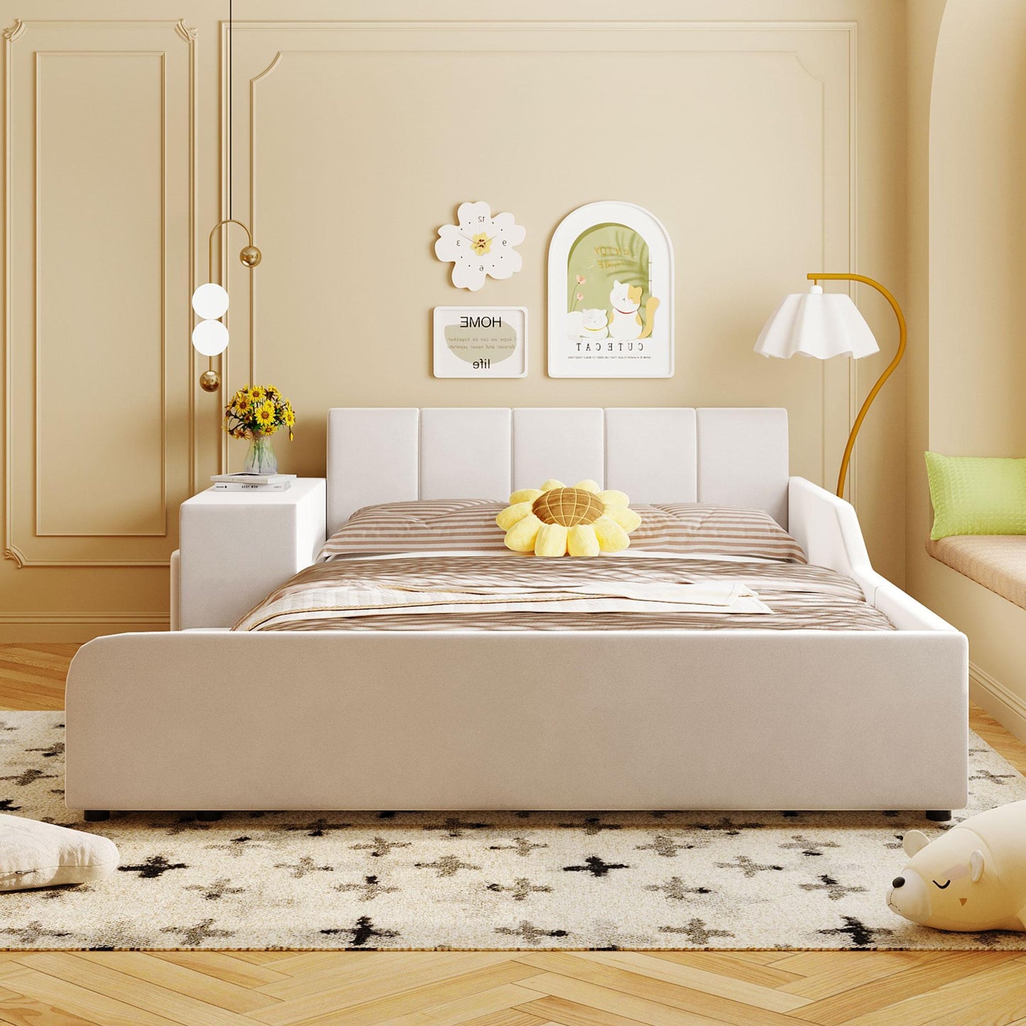 Full Size Upholstered Platform Bed with Built-In Bedside Desk and Round Stool, Solid Bedboard for Families, 80'' L x 68'' W x 29'' H, Beige