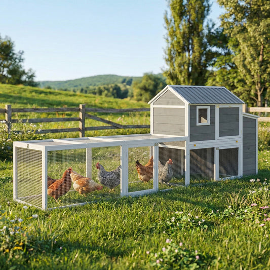 Large Chicken Coop, 134"L Wooden Chicken House with Run, Nesting Box, Slide-Out Tray, Waterproof Roof and Ramp