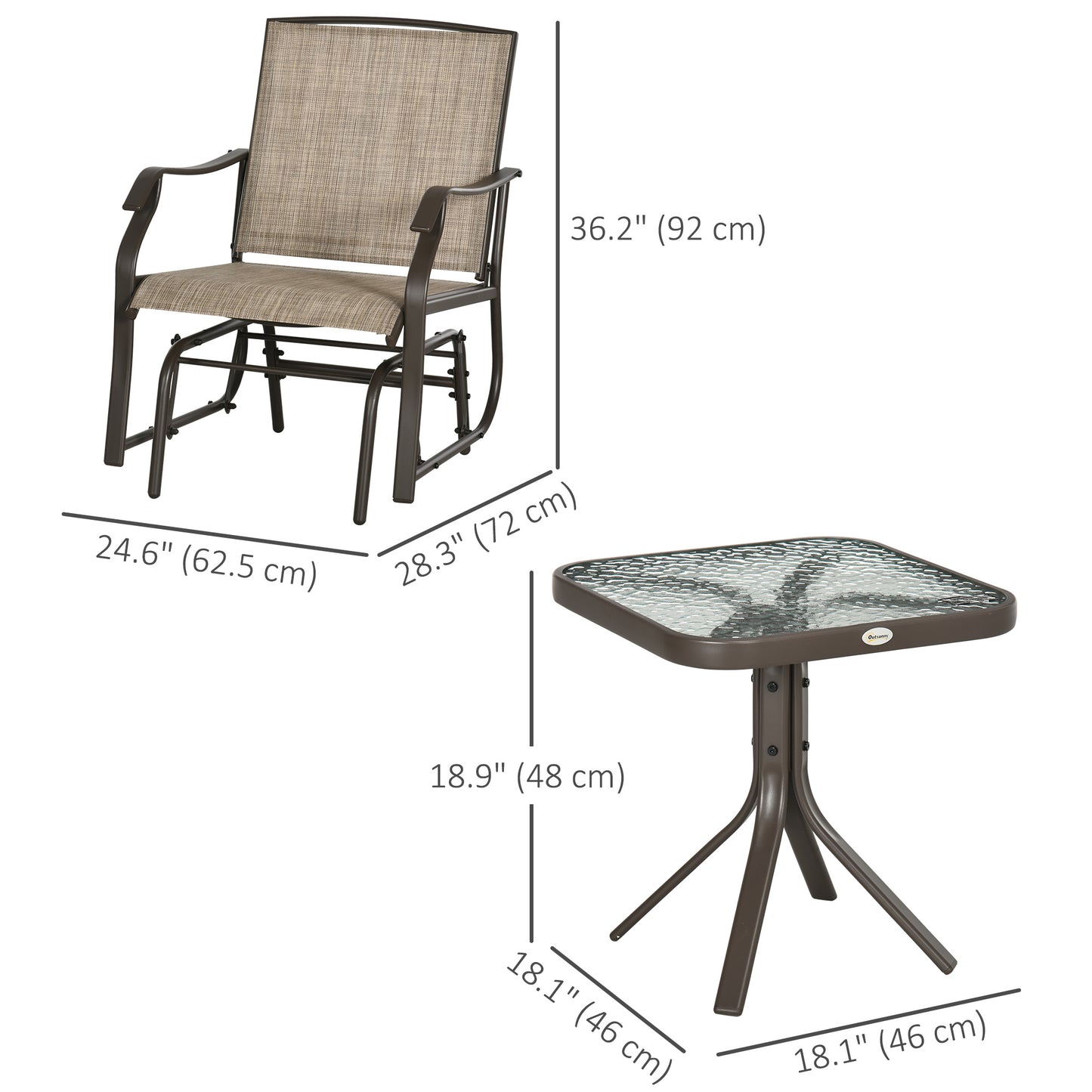3 Piece Patio Glider Set Outdoor Gliders with Breathable Mesh Seat, Glass Top Table for Garden, Yard, Blue
