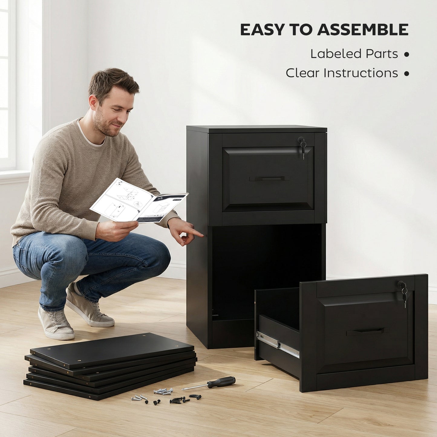 2 Drawer File Cabinet with Lock, Vertical Filing Cabinet with Adjustable Hanging Bars for A4 and Letter Size, Black