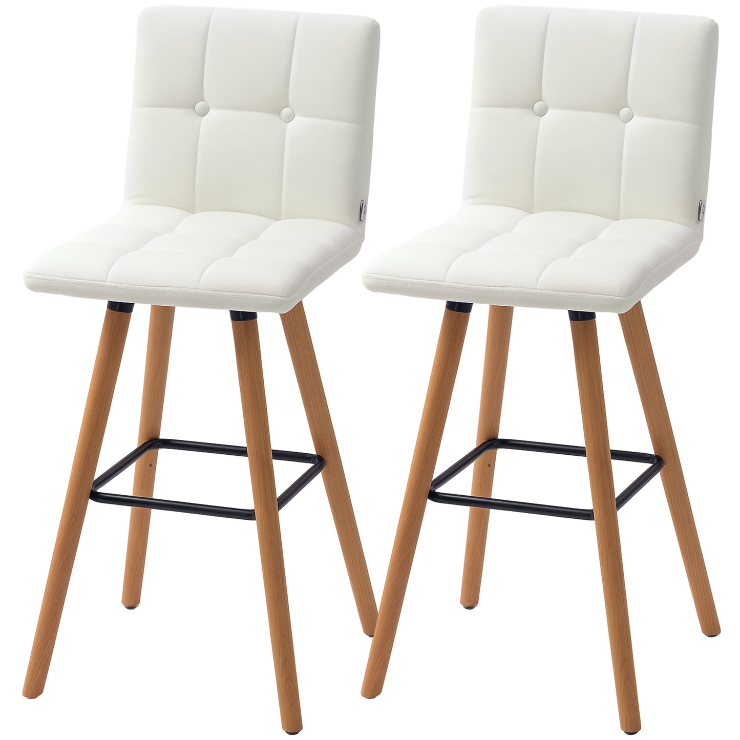 Modern Bar Stools Set of 2, 38" Upholstered Kitchen Island Stool with Solid Wood Legs, White