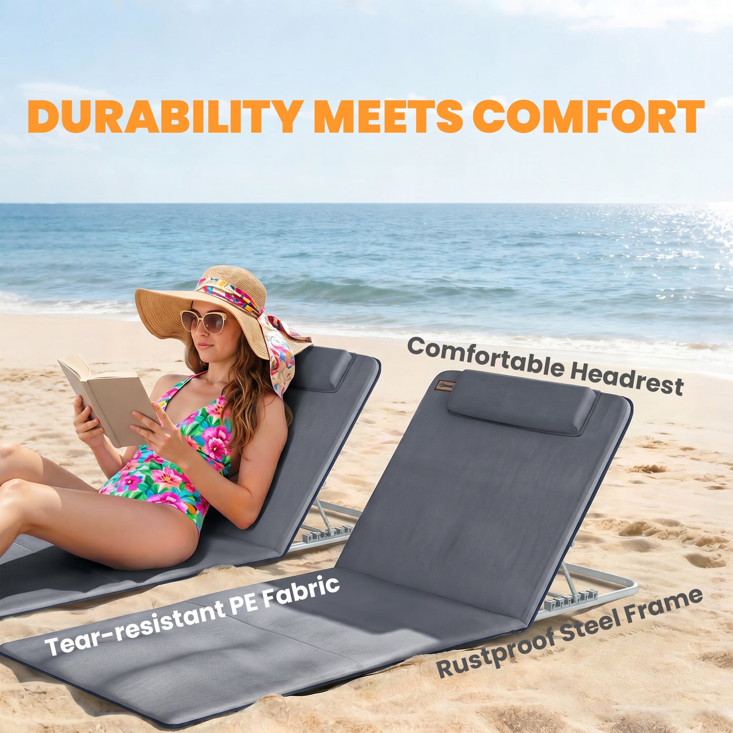 2 Pieces Beach Lounge Chair, Outdoor Folding Chaise Lounge Set w/ Pillow for Sunbath, Snap, Beige