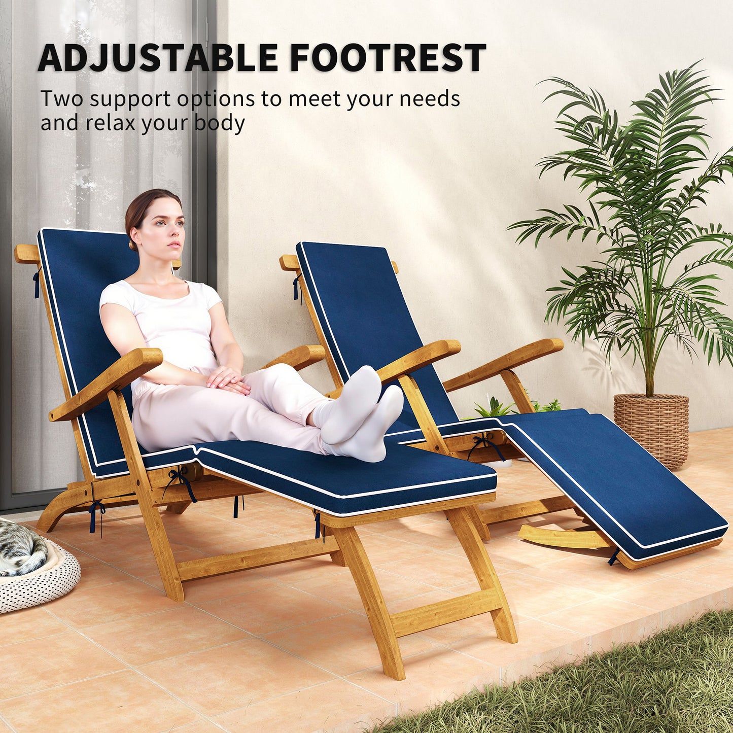 Folding Patio Lounge Chair with Padded Cushion, Acacia Wood Patio Lounger Recliner with Footrest for Garden, White