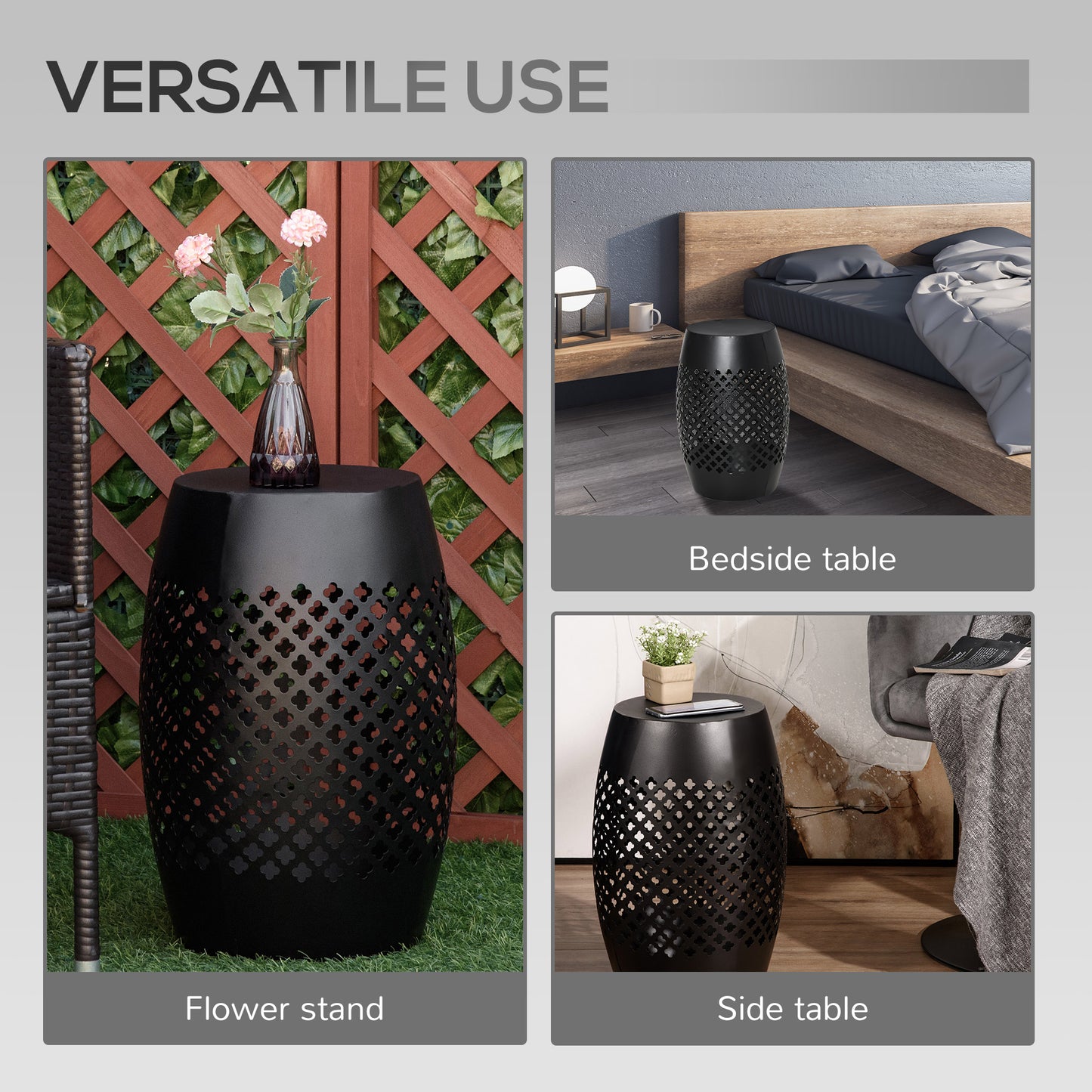 12" Steel Patio End Table, Round Hollow Drum Side Table, Accent Table for Indoor and Outdoor, Black