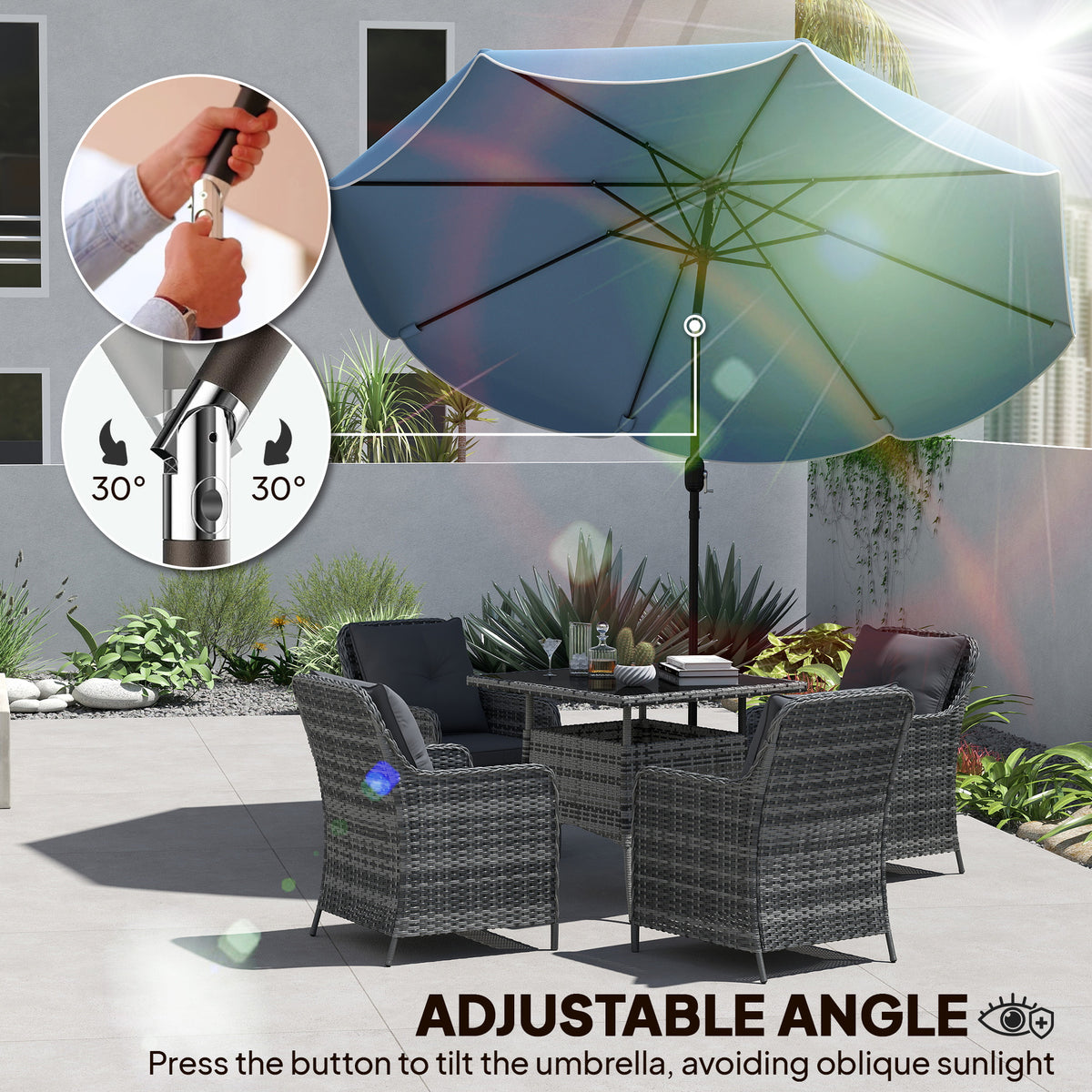 9' x 9' Sky Blue Round Market Umbrella with Valance & Tilt Crank