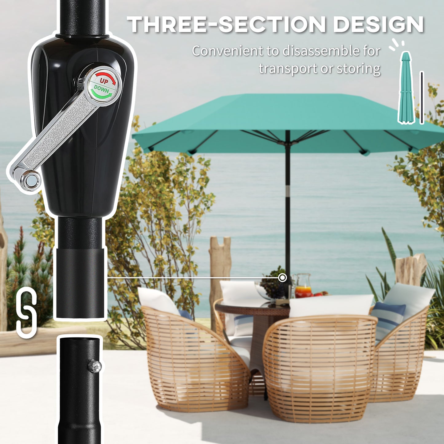 7.6FT Aluminum Patio Umbrella Parasol 8 Ribs Outdoor Market Umbrella with Crank, Push Button Tilt for Deck, Backyard and Lawn, Sky Blue