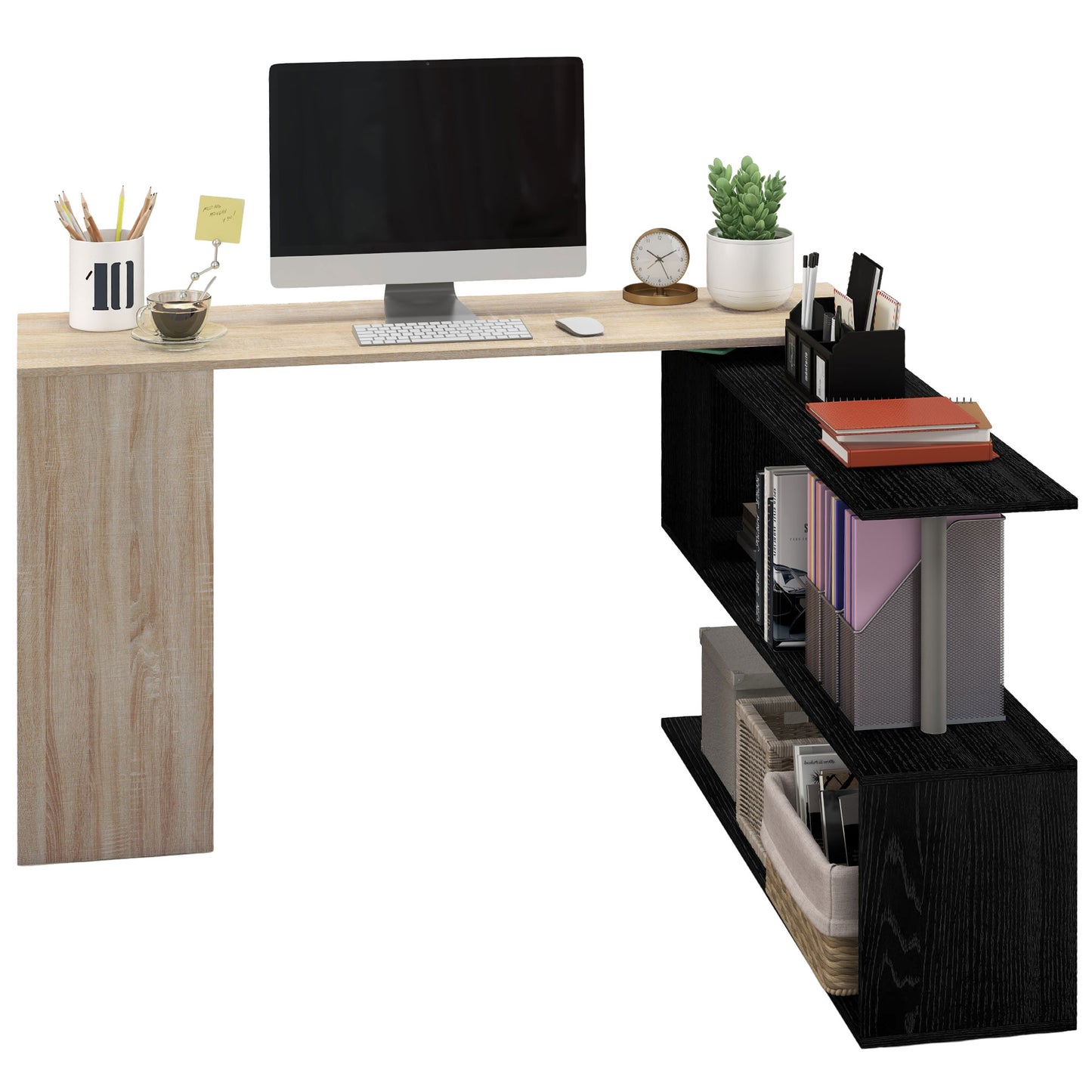 55" Corner Computer Desk, 360° Rotating L-Shaped Desk, Home Office Workstation with 3-Tier Shelves