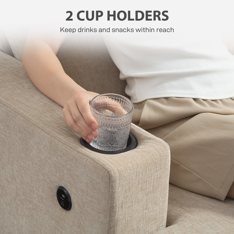 3-Seater Chenille Sofa with USB & Cup Holders