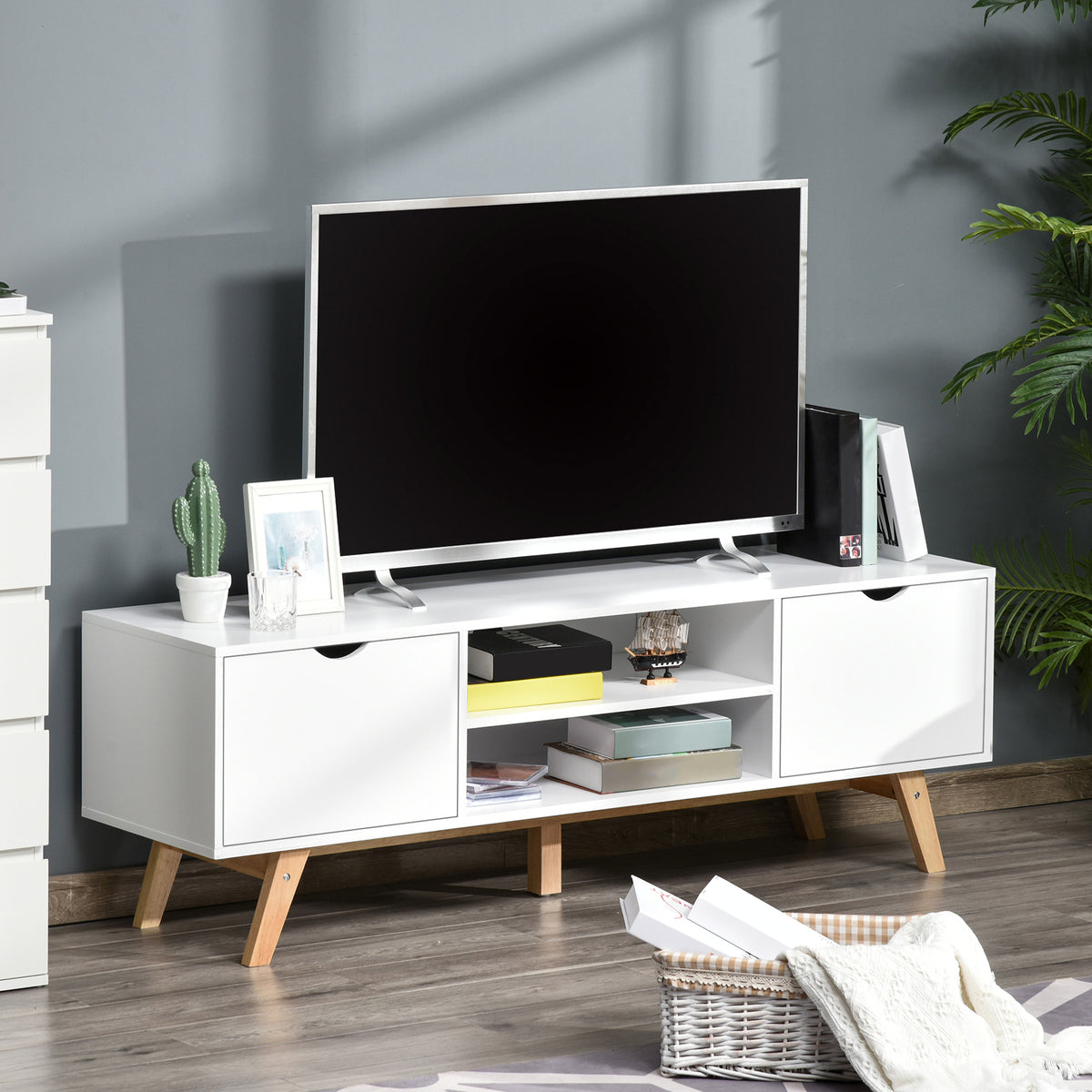 Modern Wooden TV Stand with 2 Storage Cabinet Stand for TV's up to 65" for Living Room Office, Storage Entertainment Center, White