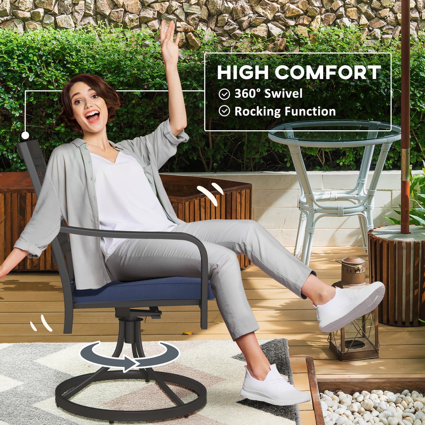 Patio Swivel Chairs with Cushion, Outdoor Swivel Rocker with Curved Armrests, Red