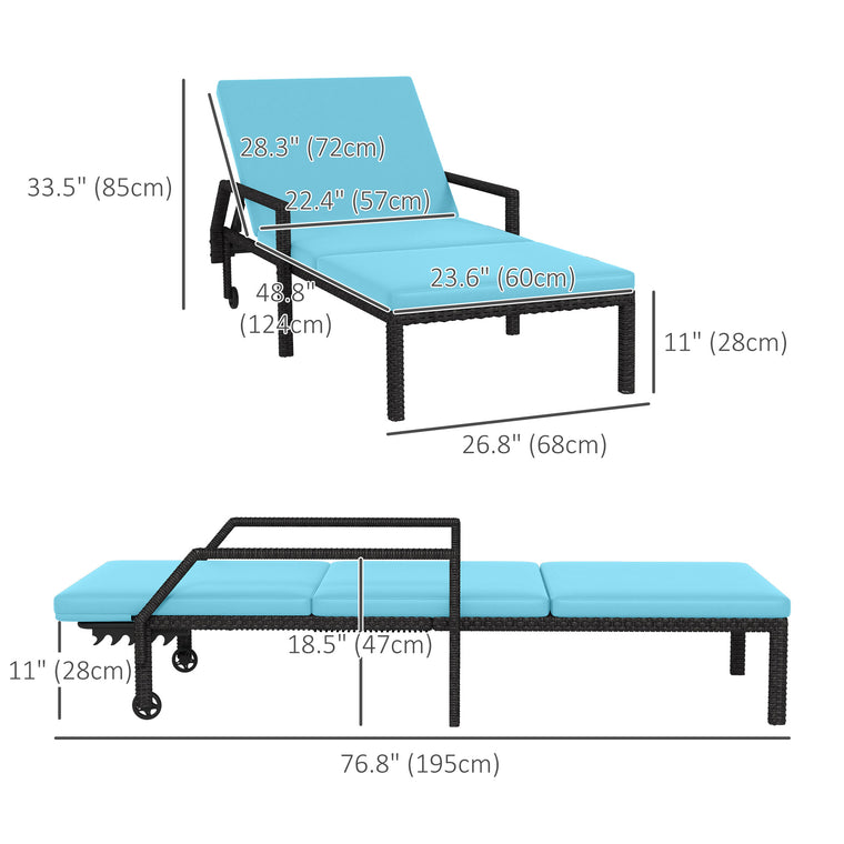 Wicker Chaise Lounger with Adjustable Backrest and Wheels