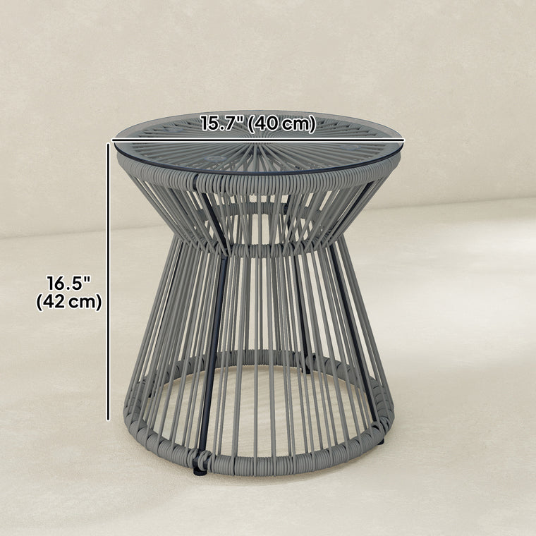 Round Rattan Drum End Table with Glass Top