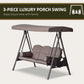 3 Seater Porch Swing Heavy Duty Outdoor Swing Chair Outdoor Lounge Hammock Cushioned Seat W/ Tilt Canopy, Brown
