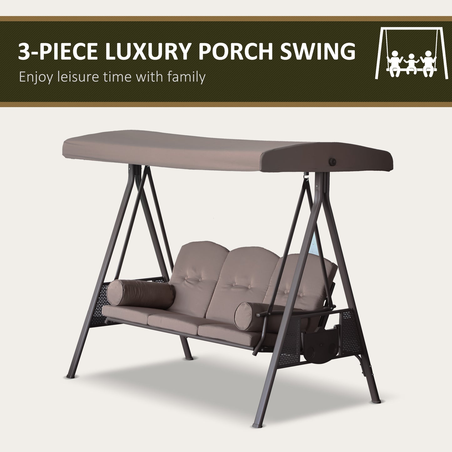 3 Seater Porch Swing Heavy Duty Outdoor Swing Chair Outdoor Lounge Hammock Cushioned Seat W/ Tilt Canopy, Brown