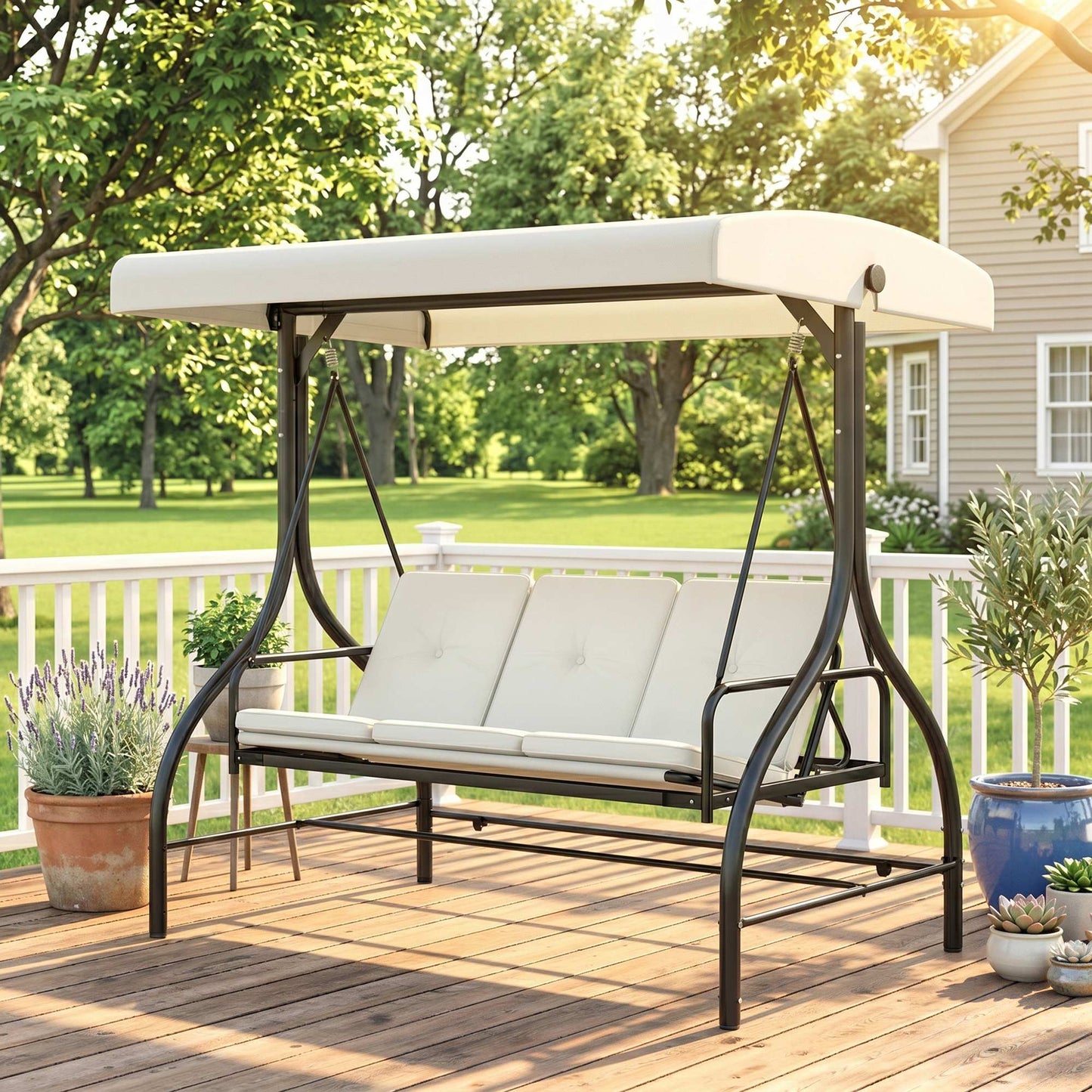 Convertible Patio Swing Bed with Canopy and Cushions, 3 Seater Porch Swing for Outdoor, Backyard, Garden, Beige