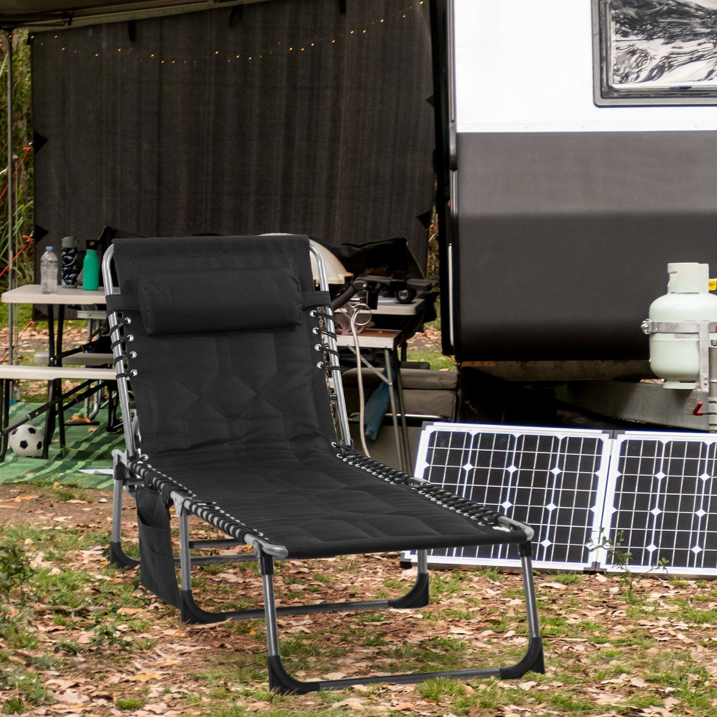 Folding Chaise Lounge Chair, Outdoor Padded Reclining Chair with 5-position Adjustable Backrest, Pillow and Pocket for Patio, Deck, Beach, Lawn and Sunbathing, Black