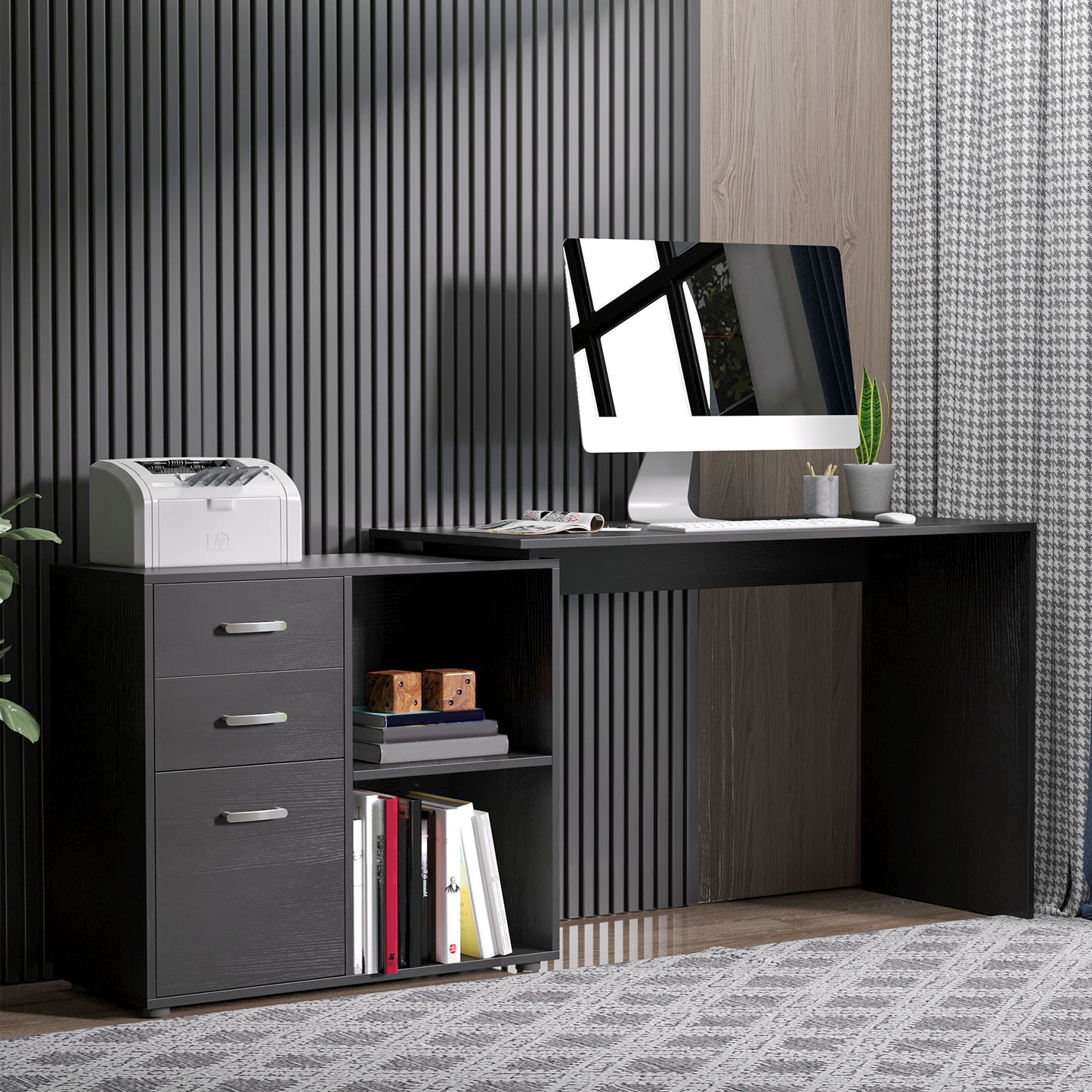 L-Shaped Corner Straight Writing Desk with Storage Shelf, Drawer, Home Office PC Table Computer Workstation, Black