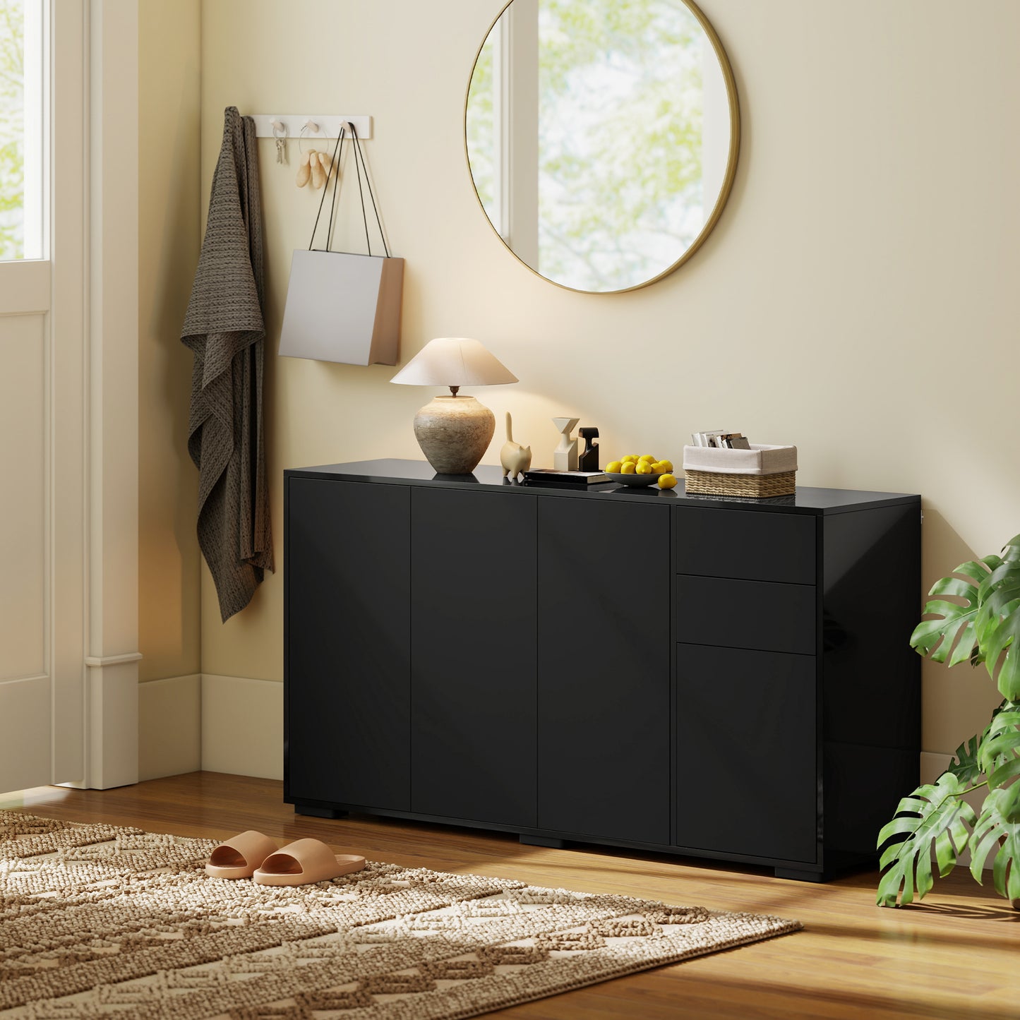 Kitchen Sideboard Storage Cabinet, Modern Coffee Bar Cabinet with Push-Open Design and 2 Drawers for Living Room, Black