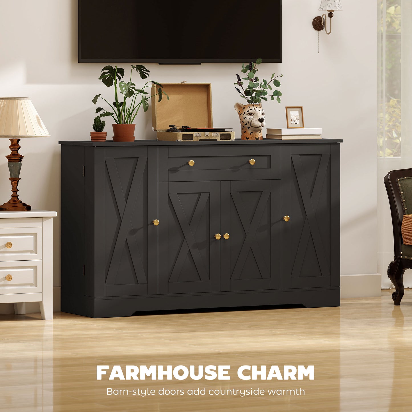 Sideboard Buffet Cabinet, Farmhouse Coffee Bar Cabinet with Door Shelves, Adjustable Shelves, Drawer, Barn Doors, Black