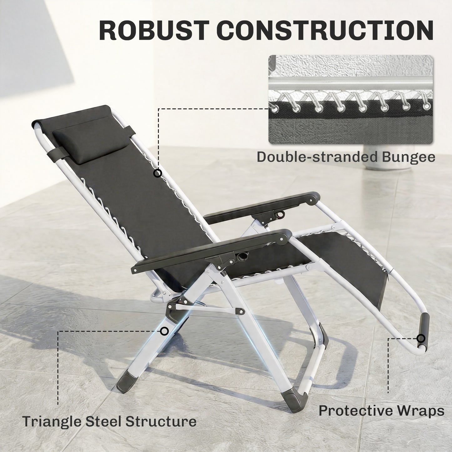 Reclining Zero Gravity Chair with Adjustable Backrest, Folding Garden Sun Lounger, Outdoor Recliner with Removable Cushion and Headrest, Dark Grey