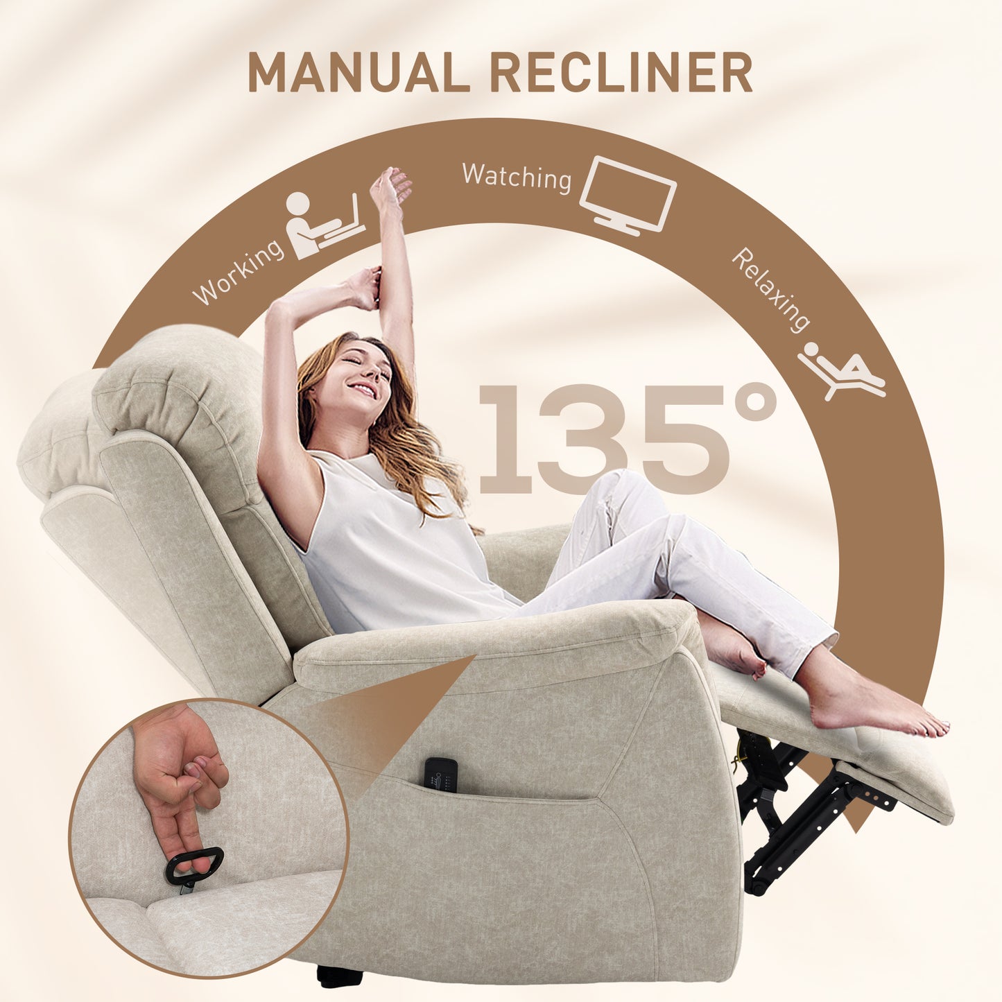 Manual Recliner Chair with Vibration Massage, Reclining Chair for Living Room with Side Pockets, Beige
