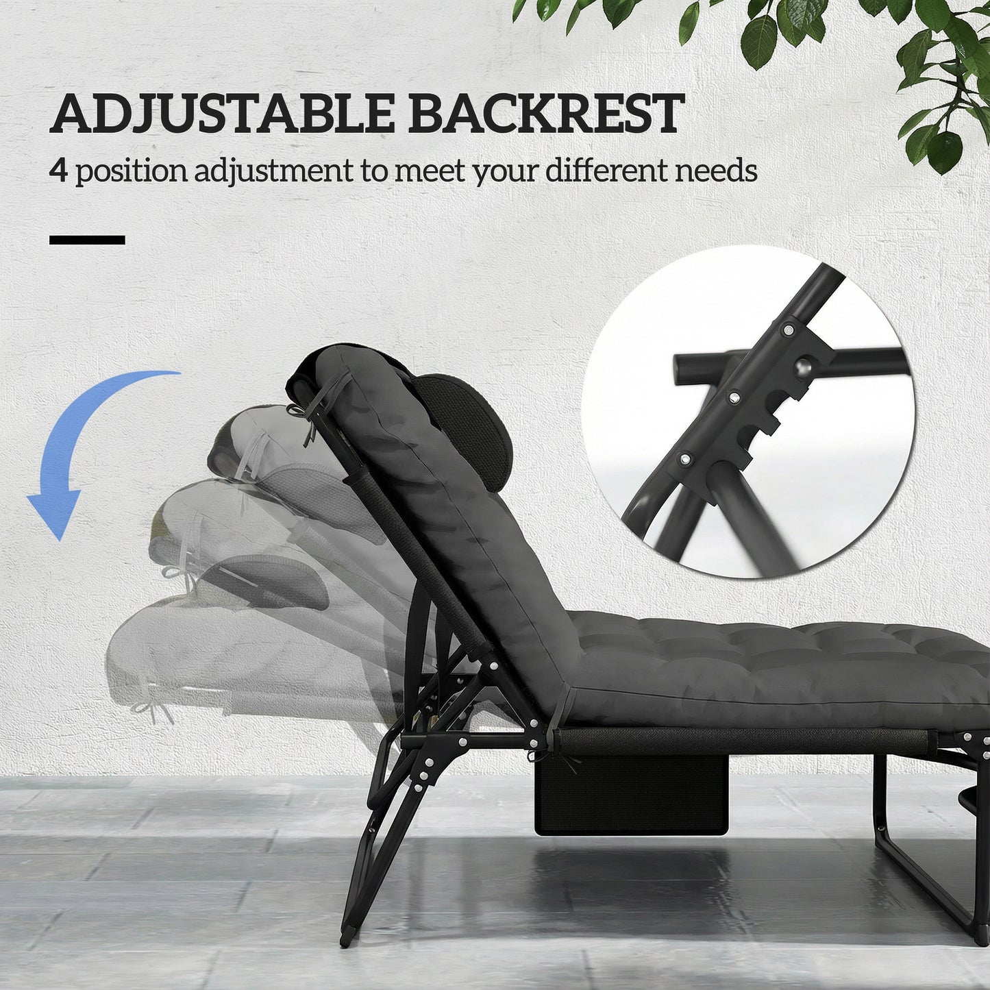 Folding Lounge Chair with 4-level Reclining Back & Cushion, Dark Grey
