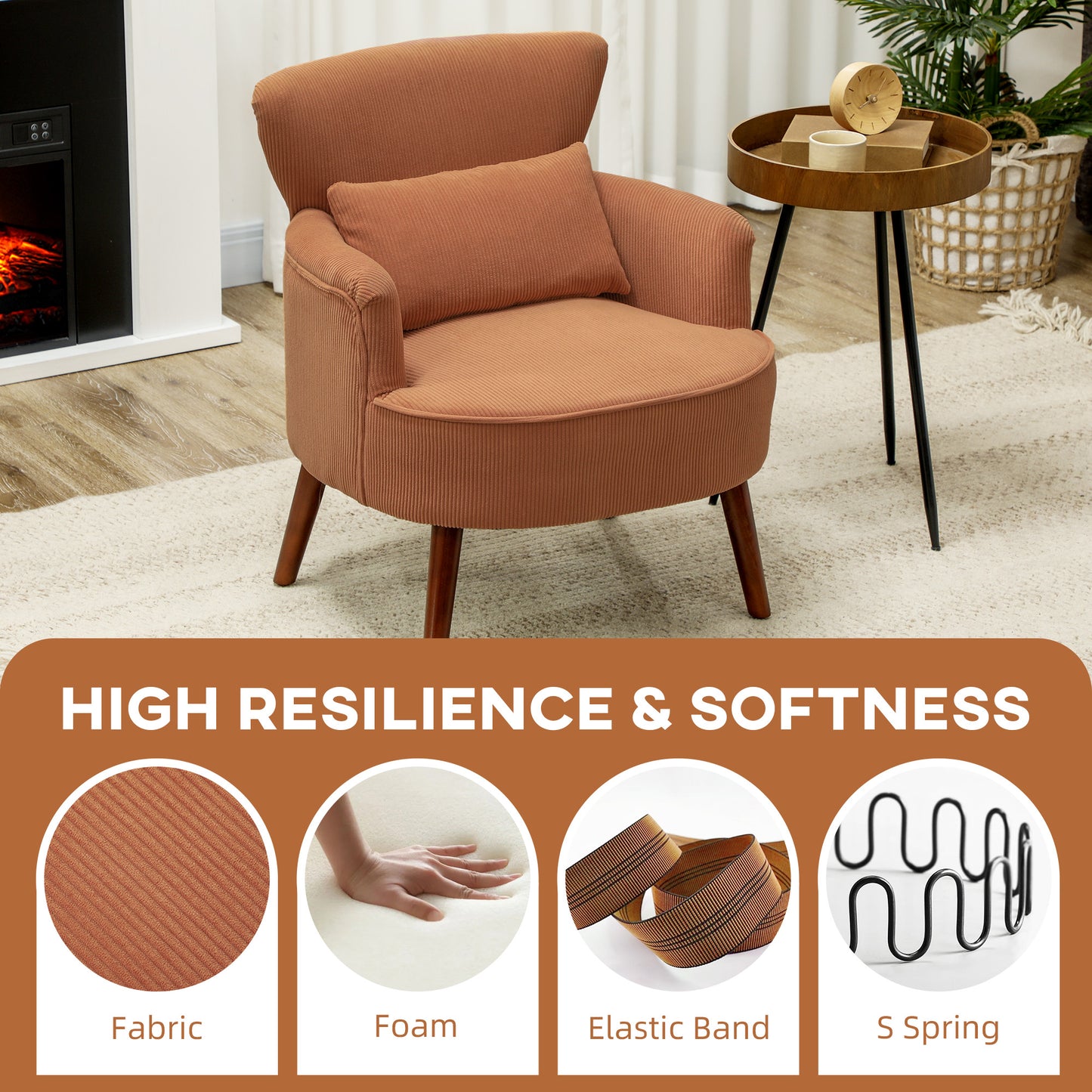 Modern Accent Chair, Upholstered Armchair with Solid Wood Legs and Lumbar Pillow for Living Room, Orange