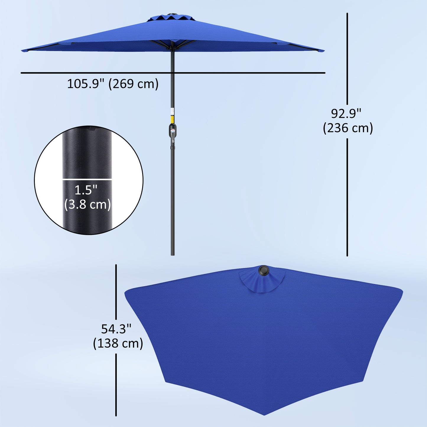 9ft Deep Blue Half Round Umbrella with 5 Ribs