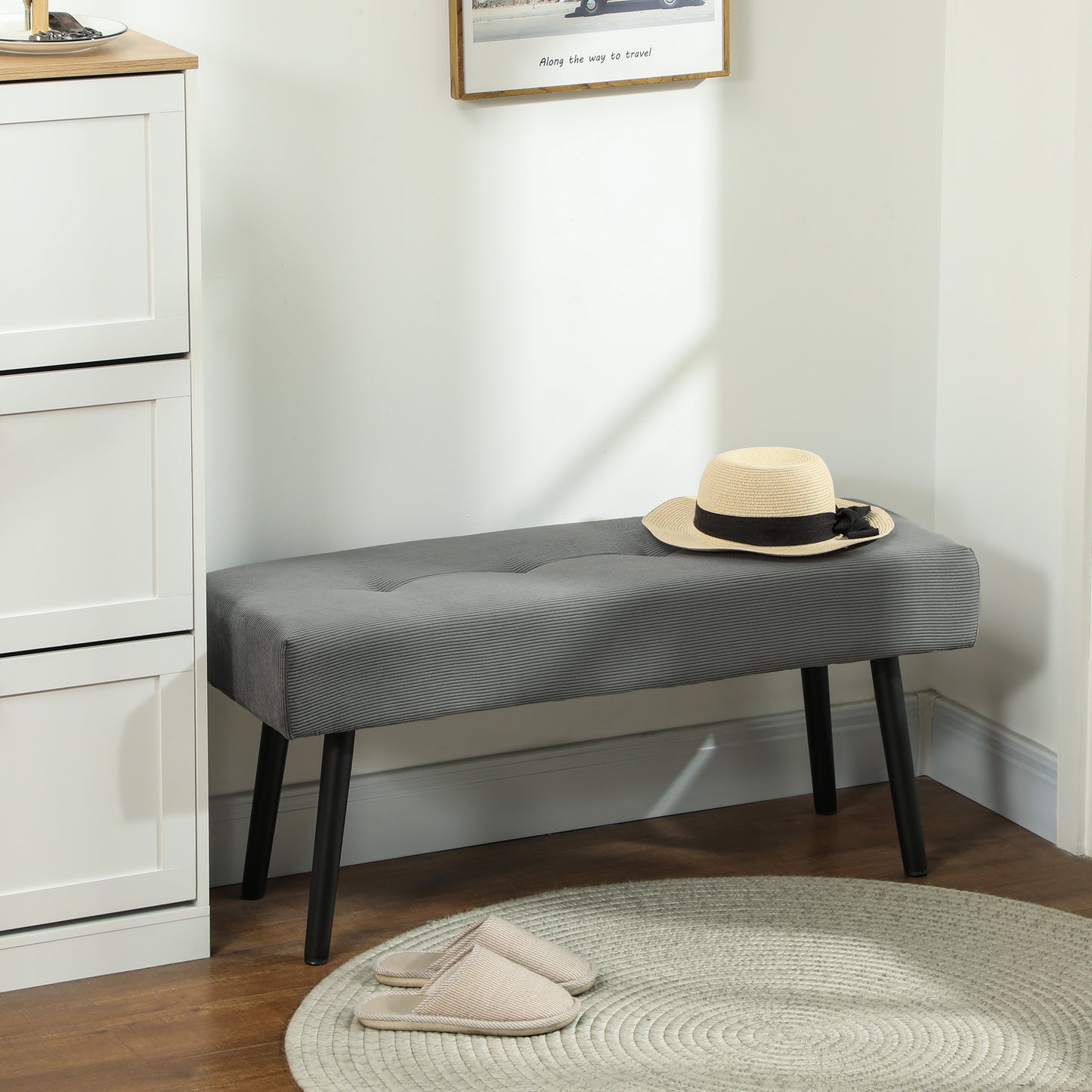 39" Upholstered Ottoman Bench, Corduroy Entryway Bedroom Bench with Padded Seat and Steel Legs for Bedroom, Grey