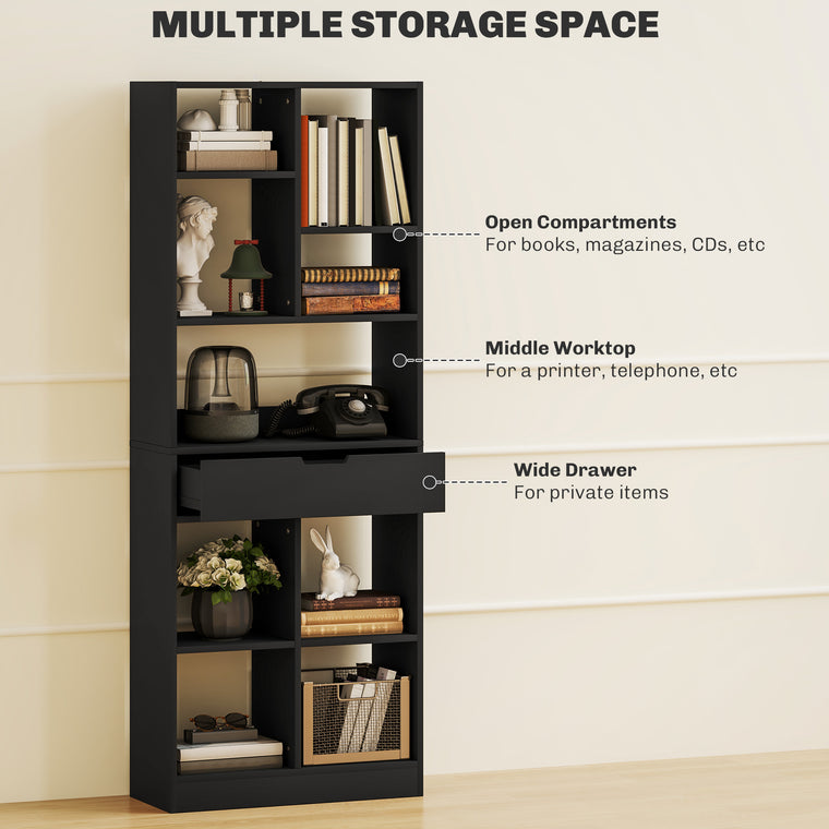 Tall Bookshelf with Drawer - Black