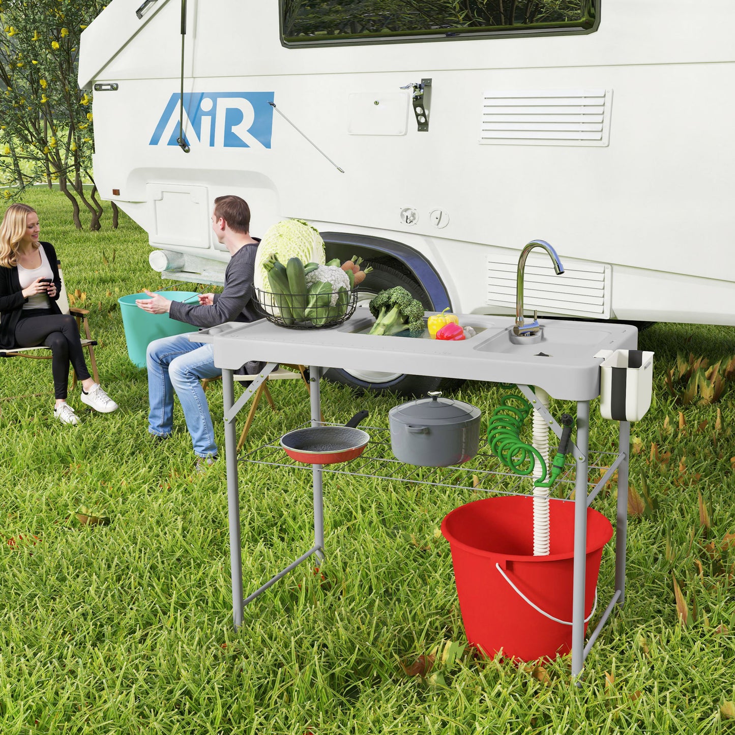 Folding Fish Cleaning Table with Sinks, Camping Sink with Faucet Drainage Hose Sprayer Shelf, Grey