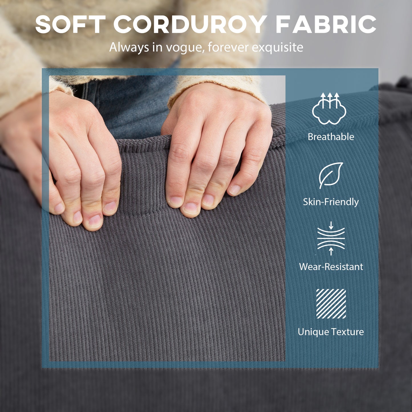 Corduroy L-Shape Corner Sectional Sofa - Charcoal Grey