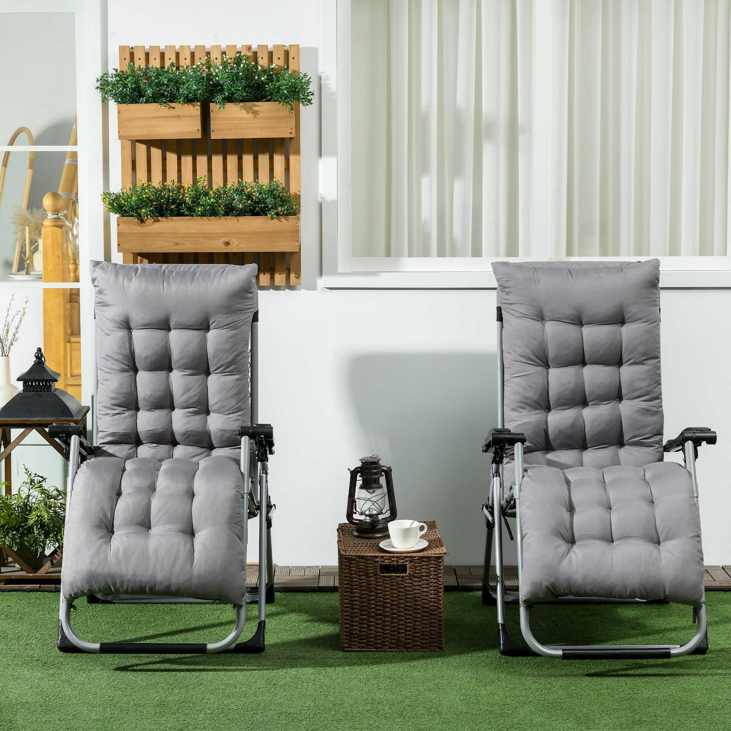 Folding Garden Chairs Set of 2, Reclining Zero Gravity Chair, Sun Lounger with Cushion and Headrest, Khaki