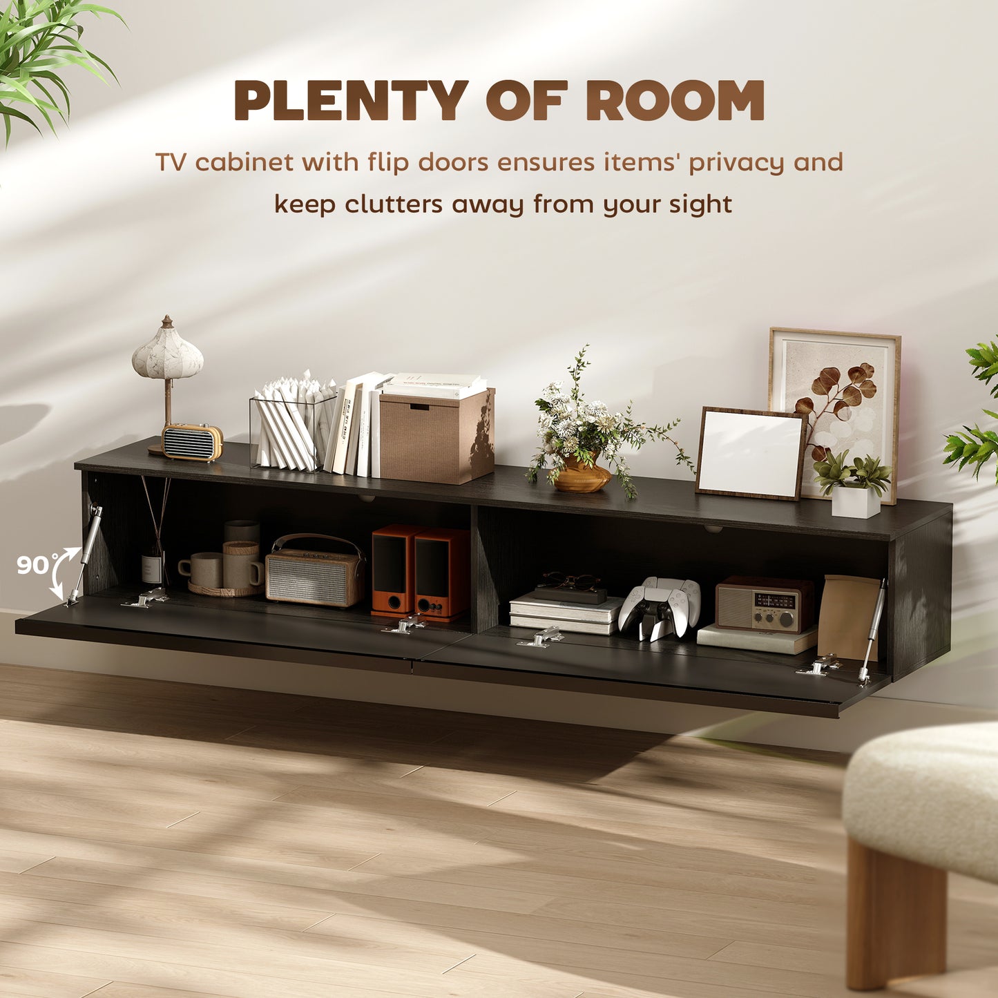 Wall Mounted TV Stand, Floating TV Cabinet with Storage, for TVs up to 70", High Gloss Effect, Black