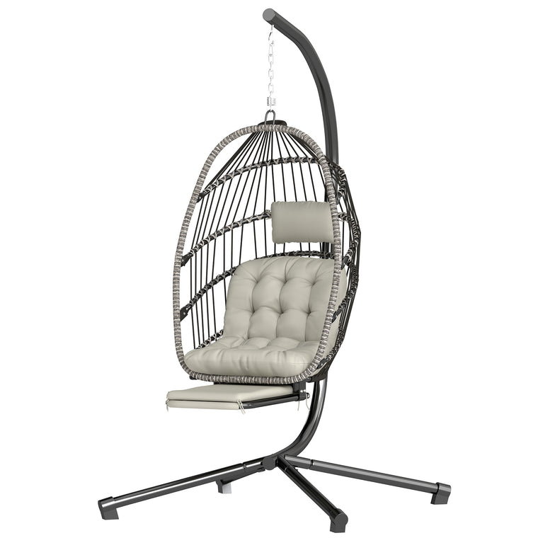 Hanging Egg Chair with Retractable Footrest and Metal Stand