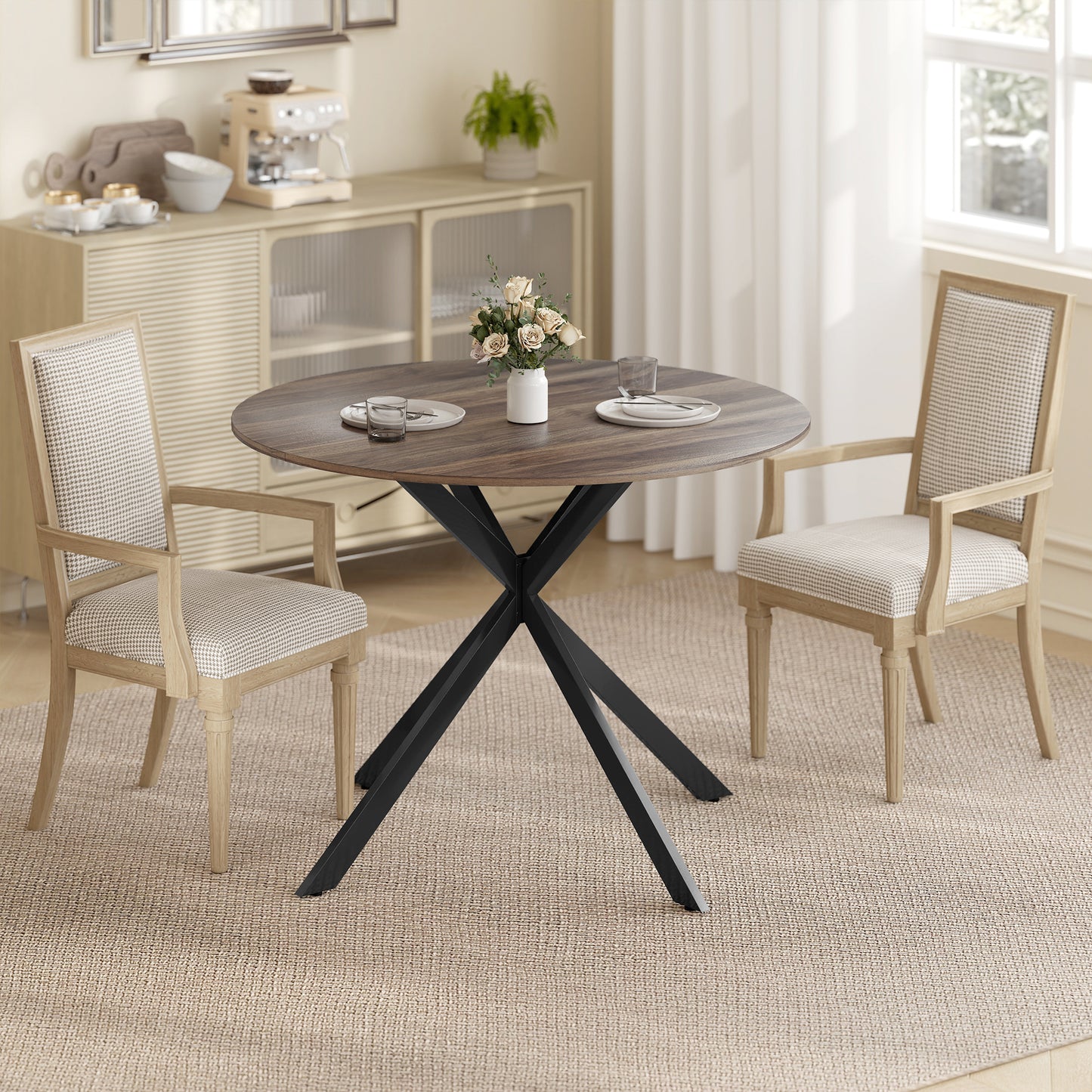 40" Round Kitchen Table for 4, Industrial Dining Table with Steel Legs for Dining Room, Distressed Brown