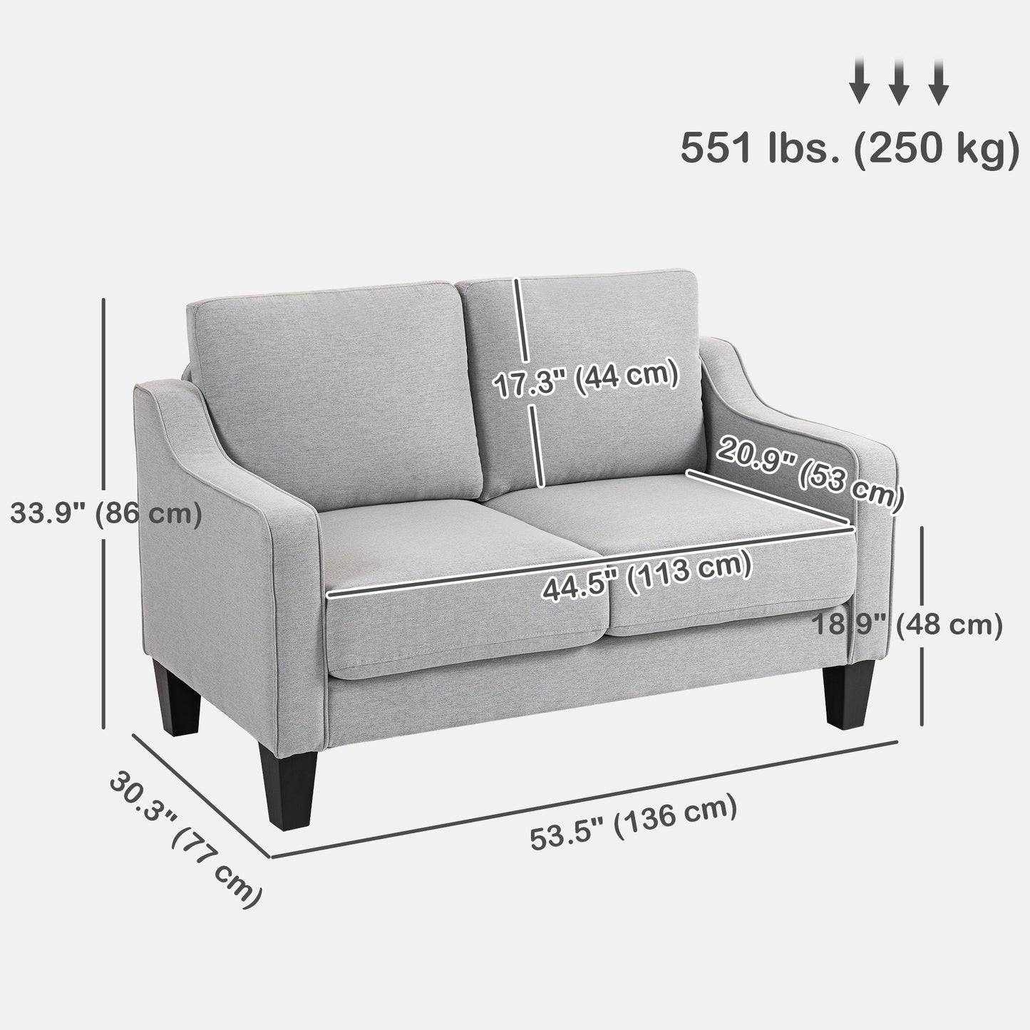 Loveseat Sofa, Modern Couch with Pocket Spring, Linen Upholstered, Thick Padded, Light Grey
