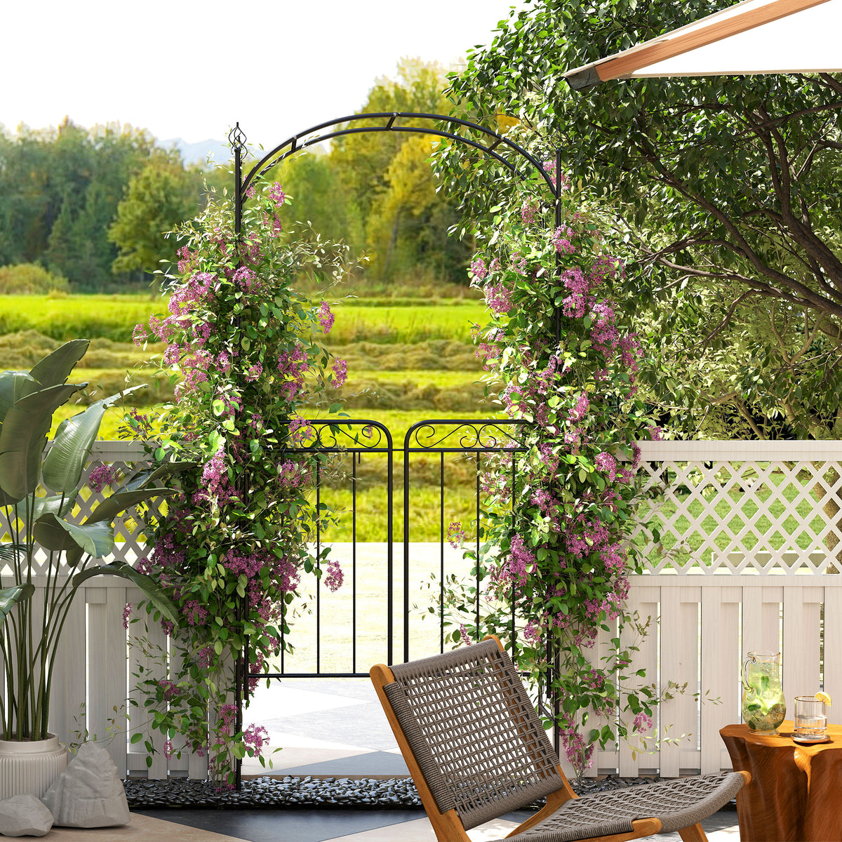 7' Metal Garden Arbor Arch with Scrollwork Doors