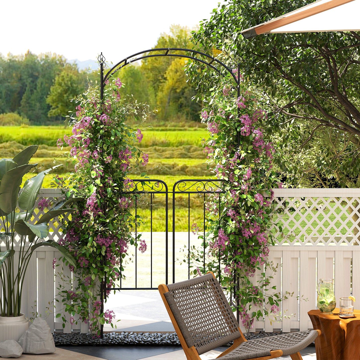 7' Metal Garden Arbor Arch with Scrollwork Doors