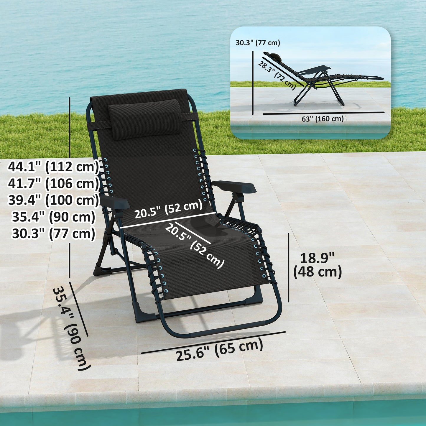 Folding Zero Gravity Chair, 5-Position Adjustable Outdoor Lounge Chair Recliner with Headrest, Black