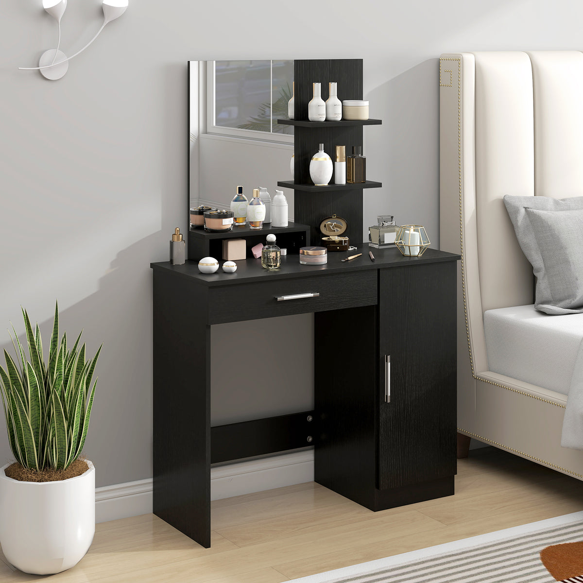 Vanity Desk with Mirror, Makeup Vanity w/ Drawer, Open Compartment and Shelves, Cabinet, Adjustable Shelves for Bedroom