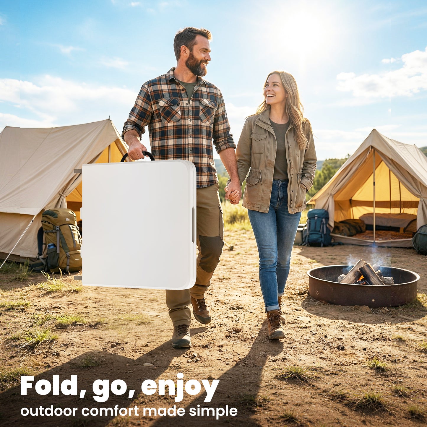 47" x 24" Folding Camping Table, Picnic Table with 2 Adjustable Heights and Carrying Handle, Indoor Outdoor Use, White